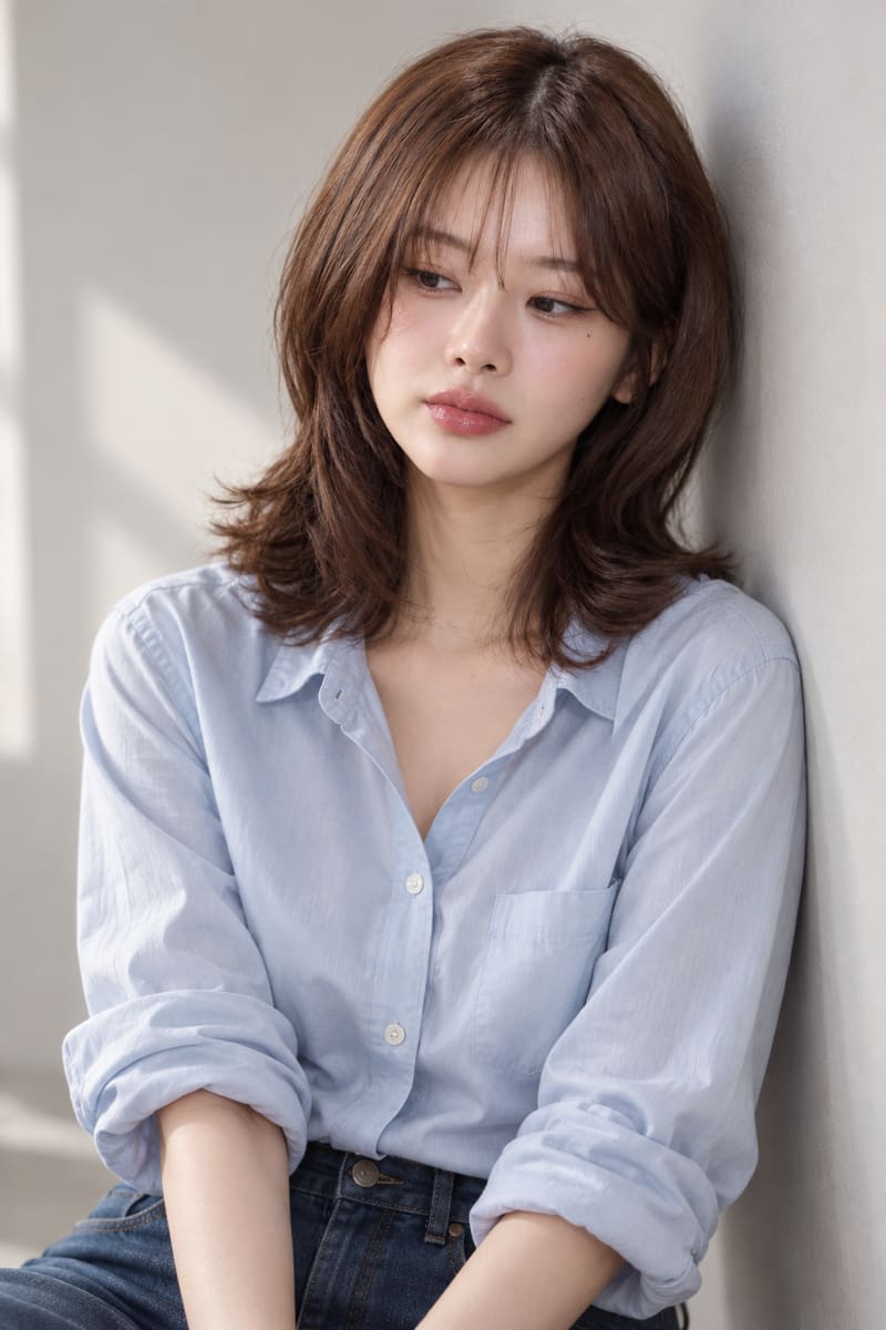 Han Yuna in unwashed linen, lit by flat afternoon daylight — Salt Room, plate 01.
